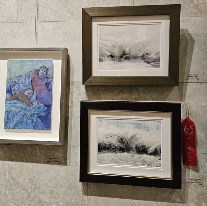A red 2nd Prize ribbon beside my watercolour painting "Pain Waves", at the Vernissage for the 131st annual exhibition of the WASM
