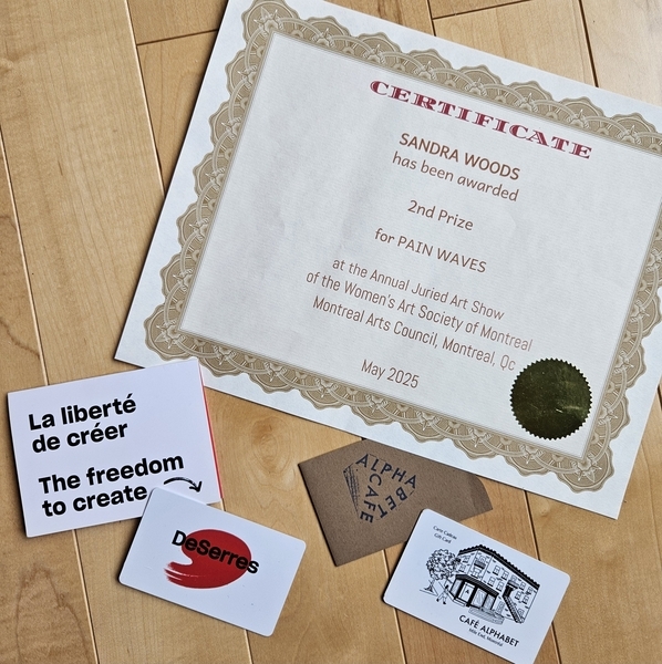 2nd Prize Certificate and gifts, Women’s Art Society of Montreal, 2025