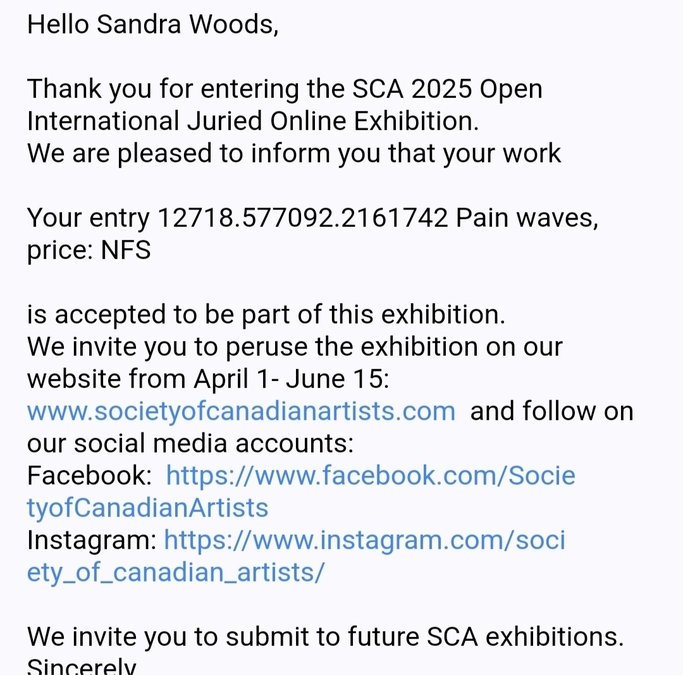 Acceptance of "Pain Waves" into juried exhibition of Society of Canadian Artists