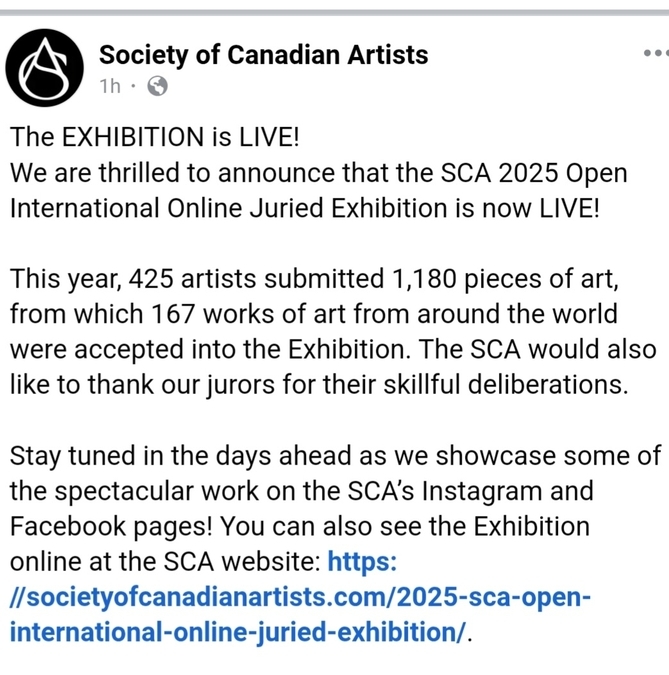 Acceptance email for my watercolour "Pain Waves" into a juried exhibition of the Society of Canadian Artists
